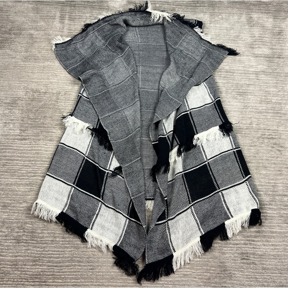 Unbranded Vest Womens XL Black White Buffalo Plaid Draped Fringe Open Front